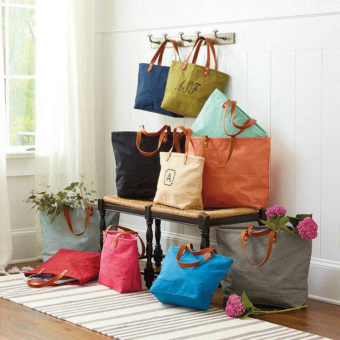 Leather Handle Burlap Tote