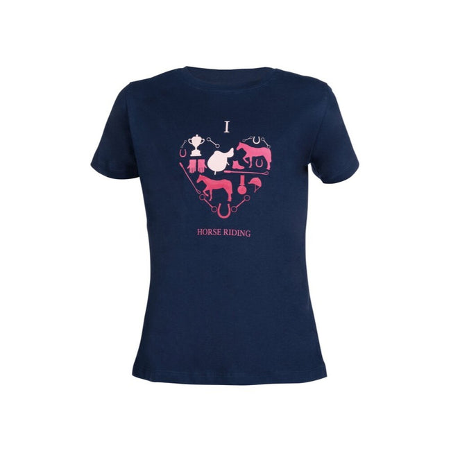 children's-riding-t-shirt-blue with pink horses, saddle and riding equipment.