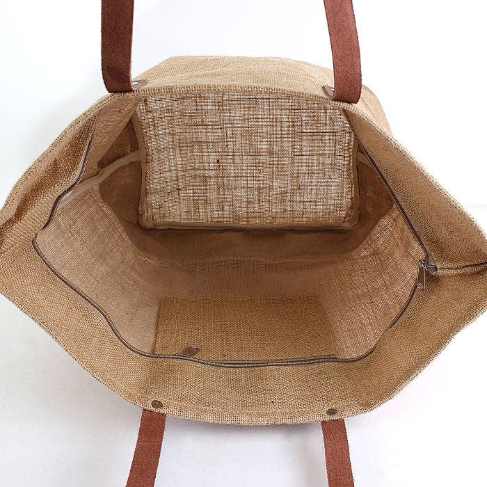 Leather Handle Burlap Tote
