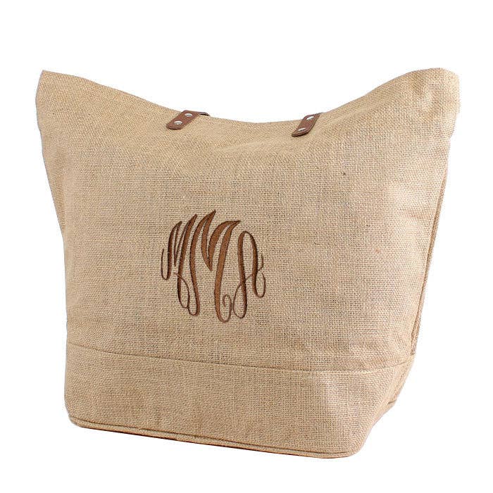 Leather Handle Burlap Tote