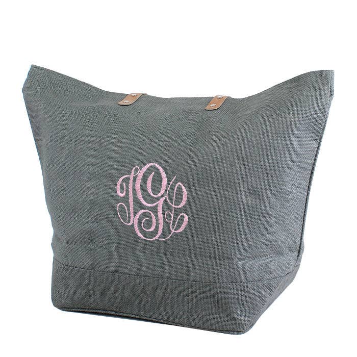 Leather Handle Burlap Tote