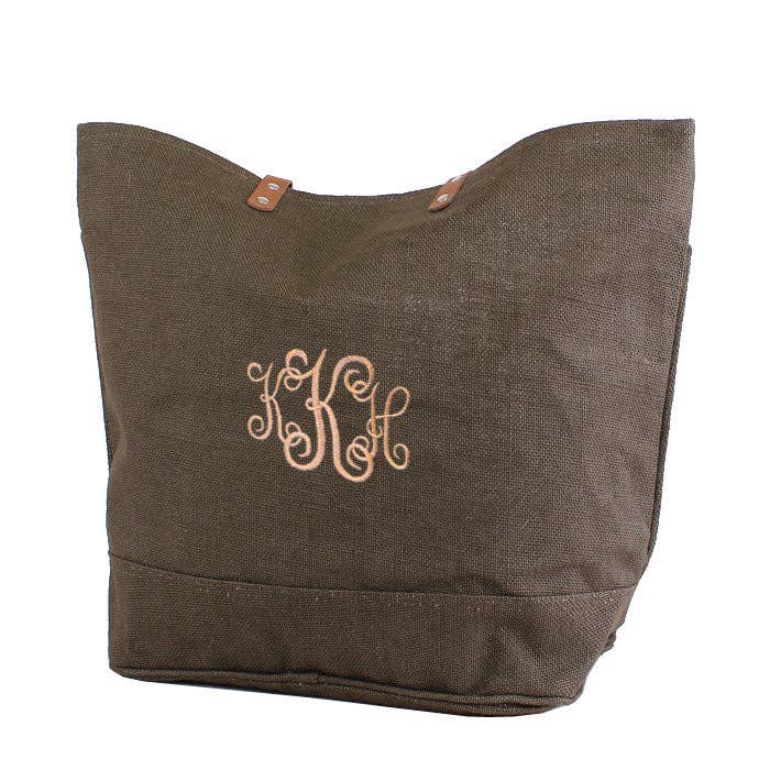 Leather Handle Burlap Tote