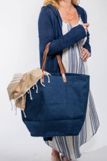 Leather Handle Burlap Tote