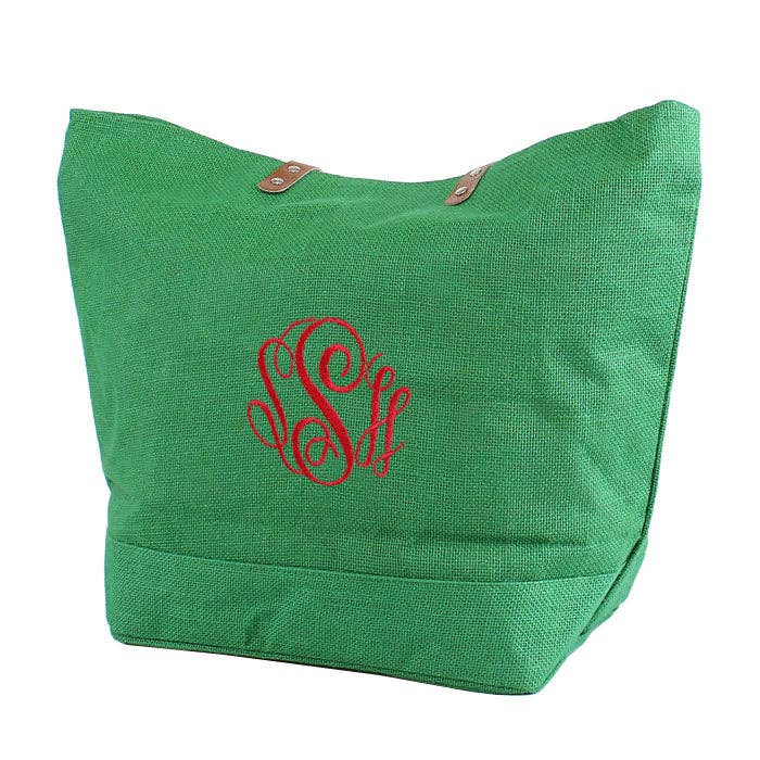 Leather Handle Burlap Tote