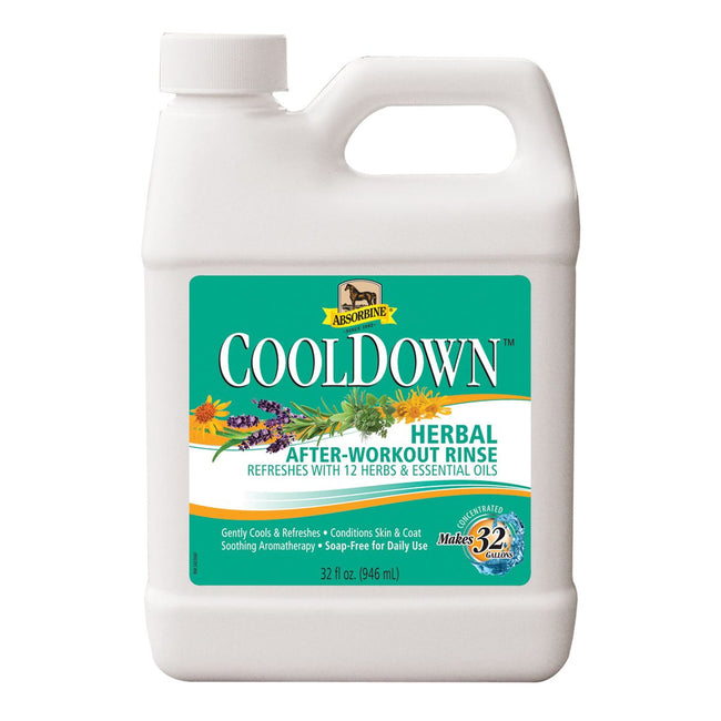 A 32 ounce bottle of Absorbine Cooldown Herbal After-Workout Rinse for horses, with a label showing the product name and a green and yellow color scheme.