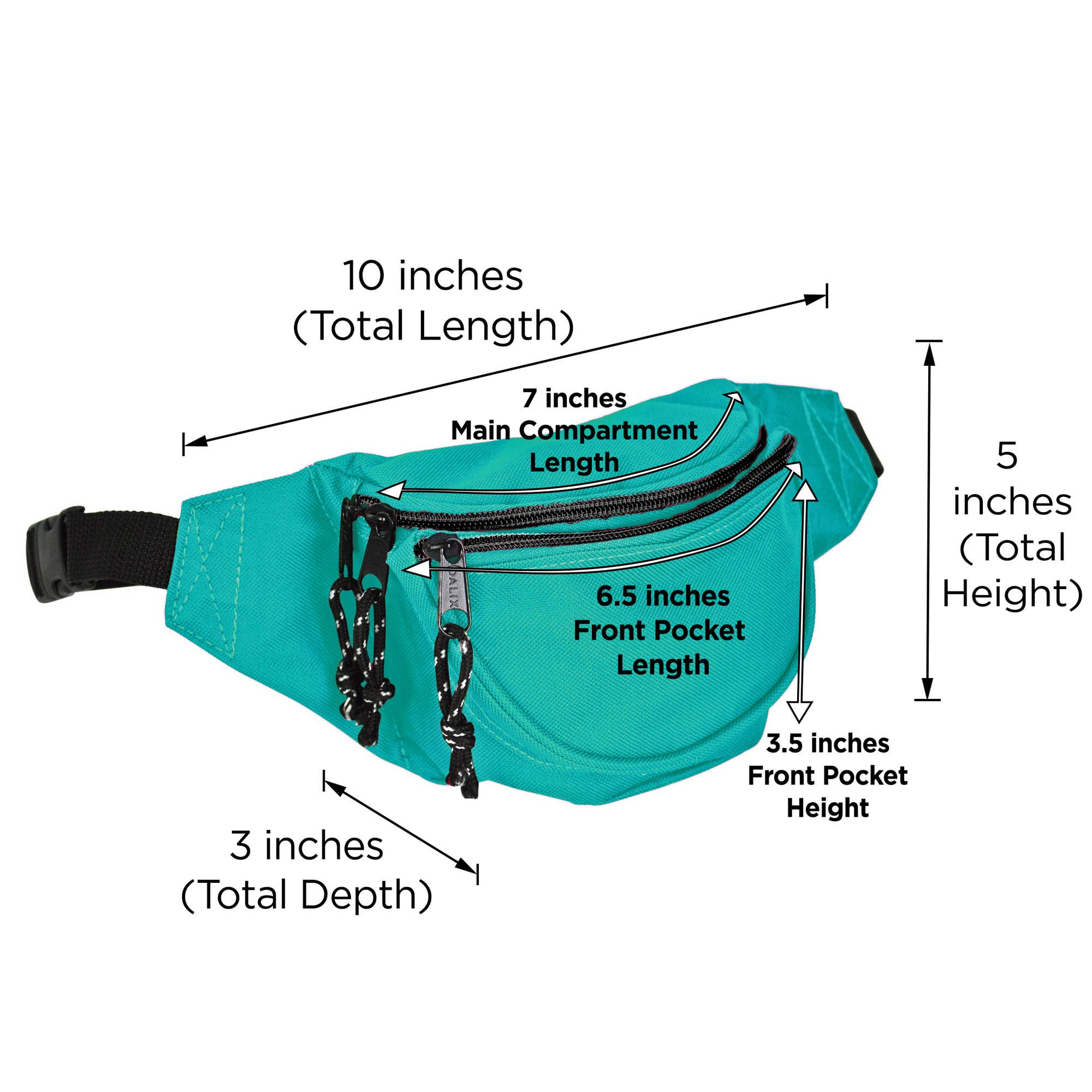 DALIX Fanny Pack with 3 Pockets - Traveling Concealment Pouch 14 detailed measurements of pouch.