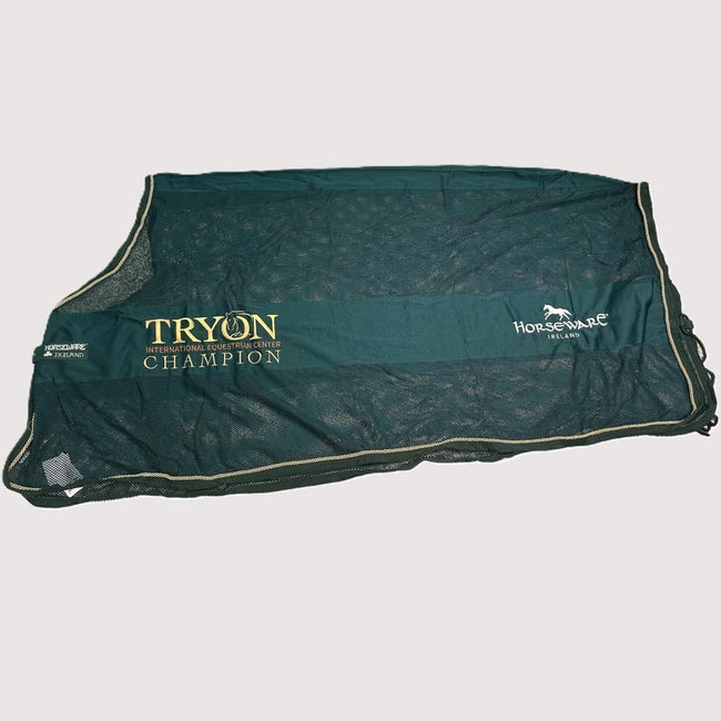 Green scrim sheet with yellow Tryon Champion logo on front left shoulder area and white horseware logo on back left hip area. Yellow piping on the border.