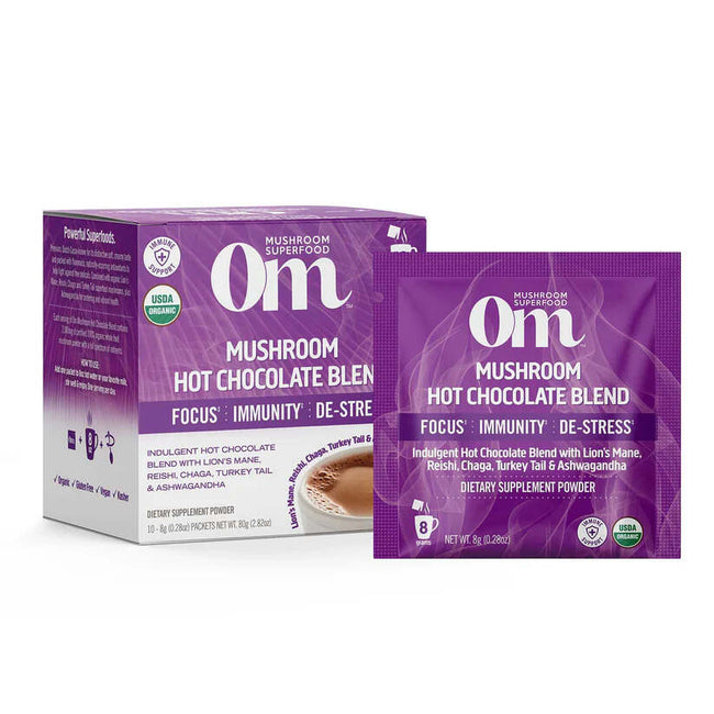Om Mushroom Superfood - Om Mushroom Hot Chocolate Blend shows box and sachet