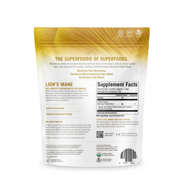 Om Mushroom Superfood - Om Lion's Mane Powder Back of package