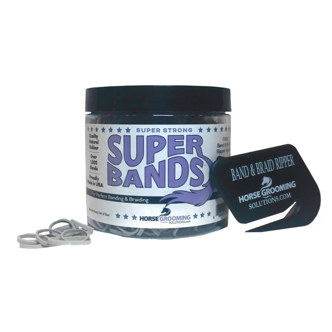 Super Bands jar with grey bands and braid nipper on a white background