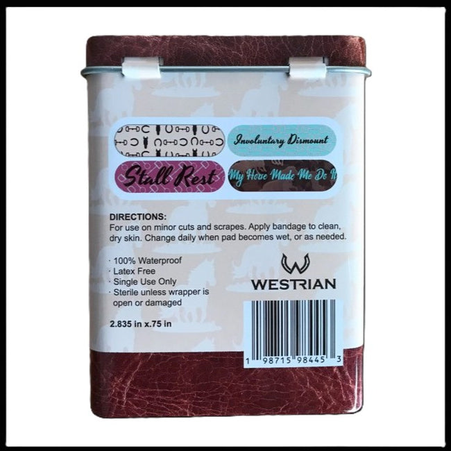 Western Equestrian Horse Themed Fabric Bandages in Tin Box Back label details.