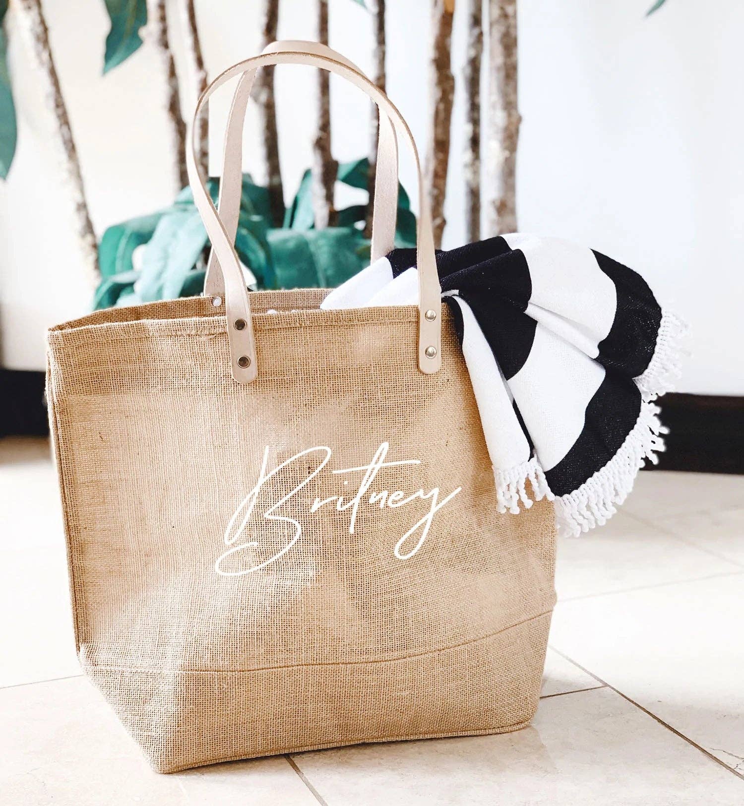 Leather Handle Burlap Tote