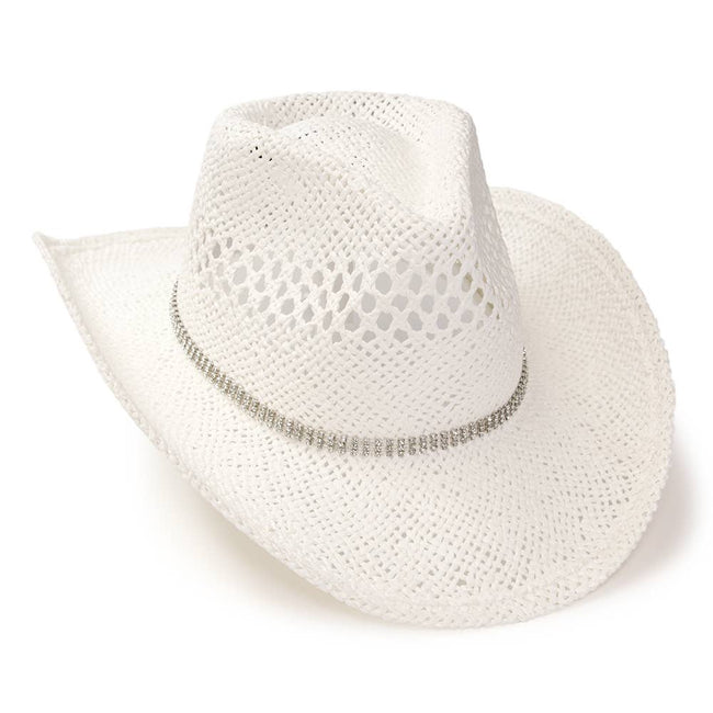 WE White Straw Western Hat w/ Rhinestone Band