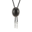 Black stone bolo tie with silver details on a white background