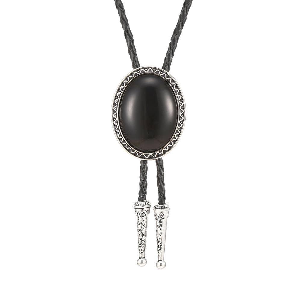 Black stone bolo tie with silver details on a white background