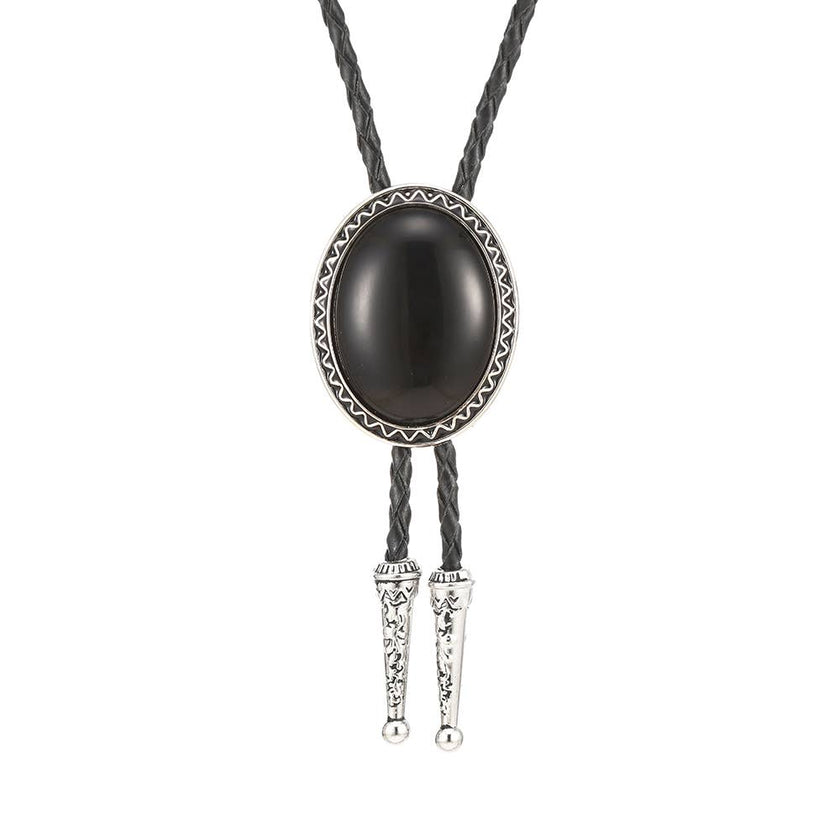 Black stone bolo tie with silver details on a white background