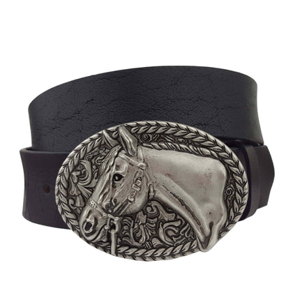 Axesoria West - Genuine Leather belt with Racing Horse Silver finish Buckle