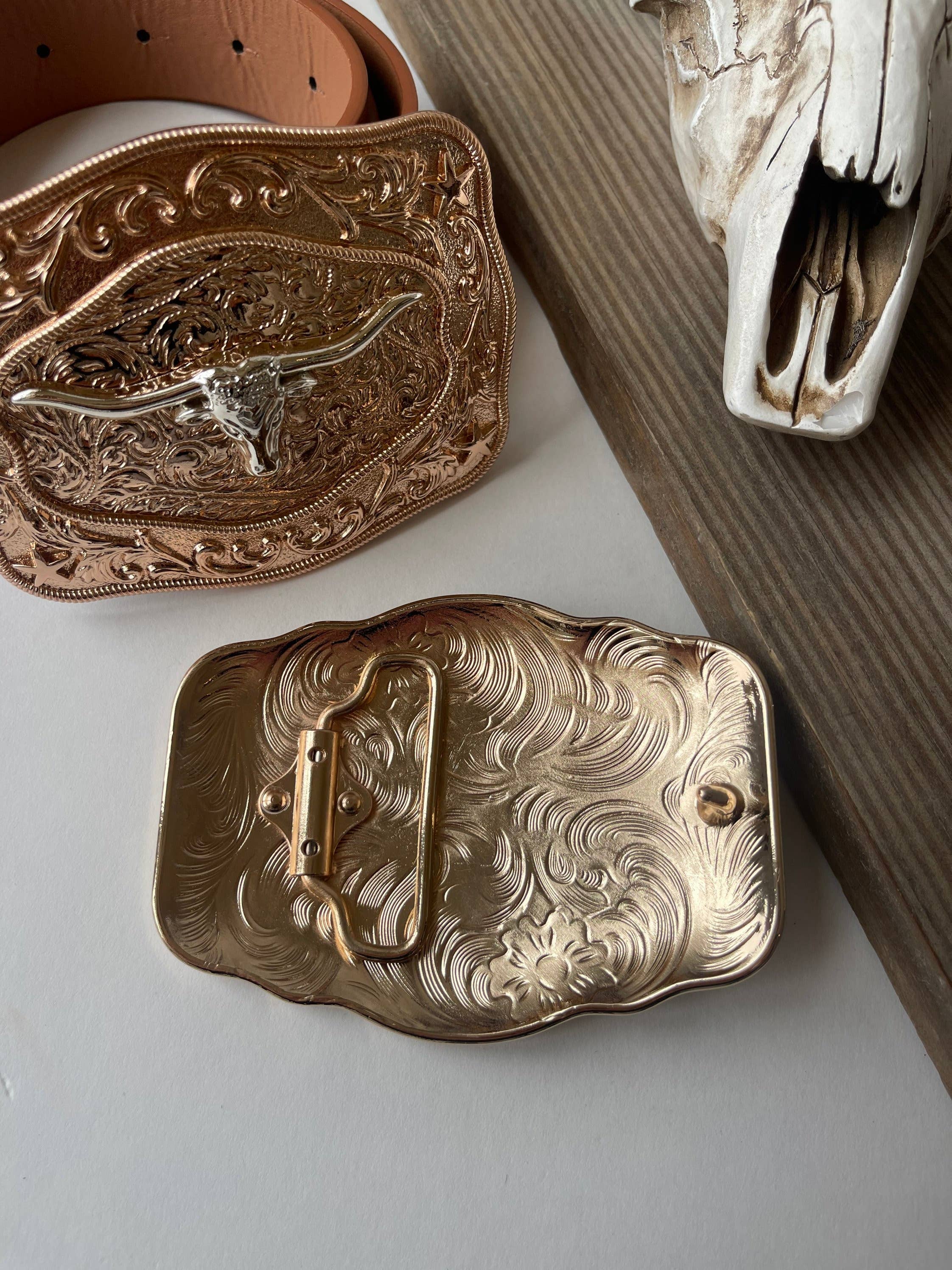 Boho Ranch Shop - Western Longhorn Belt Buckle  Silver - Rose Gold - Gold