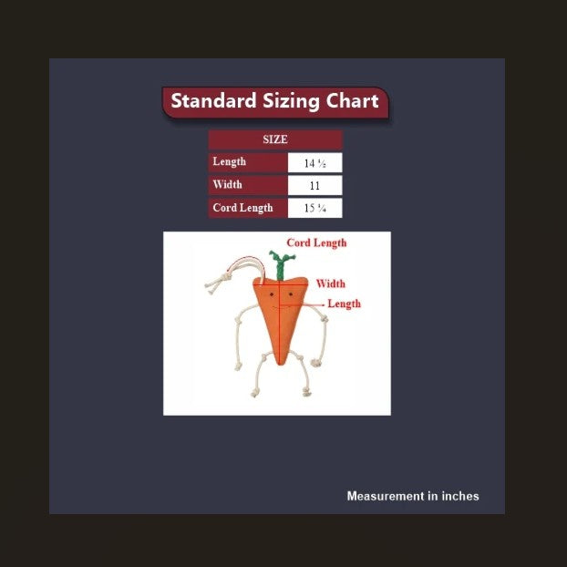 Standard sizing chart for a carrot-shaped TuffRider Horse Toy product with measurements in inches.