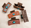 Boho Ranch Shop - Western Faux Embossed Leather Hair Clip Claw turquoise stone