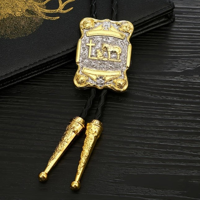 Gold and silver bolo tie on a black background