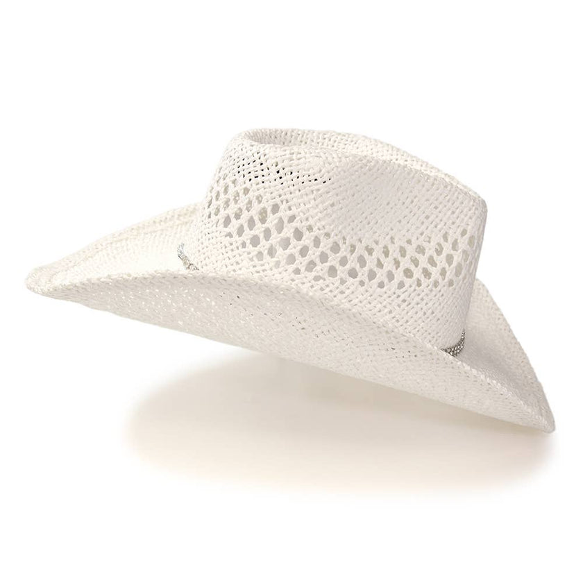 WE White Straw Western Hat w/ Rhinestone Band