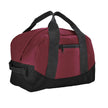 A 12-inch mini two-tone duffle bag in red and black with a zippered main compartment and additional zippered front pocket, featuring a top handle and side handle.