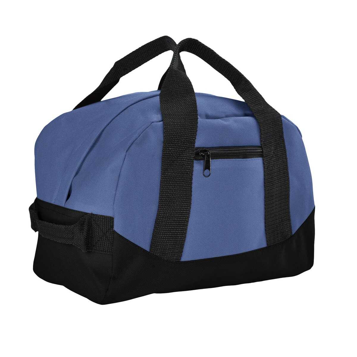 A 12-inch mini two-tone duffle bag in blue and black with a zippered main compartment, zippered front pocket, top handle, and side handle.