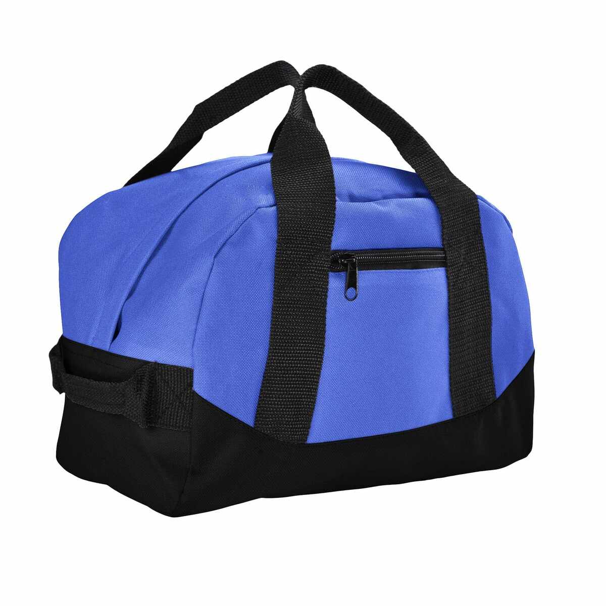 A 12-inch mini two-tone duffle bag in blue and black with a zippered main compartment, zippered front pocket, top handle, and side handle.