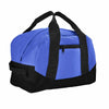 A 12-inch mini two-tone duffle bag in blue and black with a zippered main compartment, zippered front pocket, top handle, and side handle.