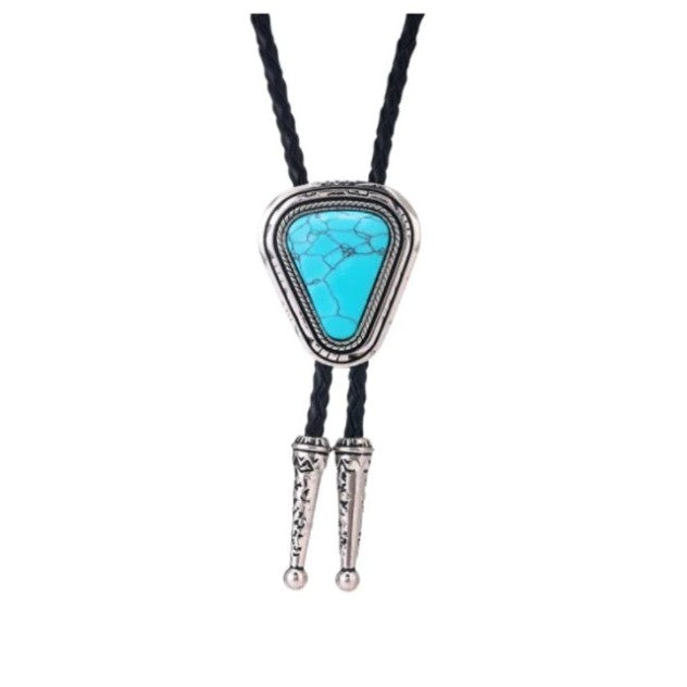 Turquoise stone bolo tie on a white background
