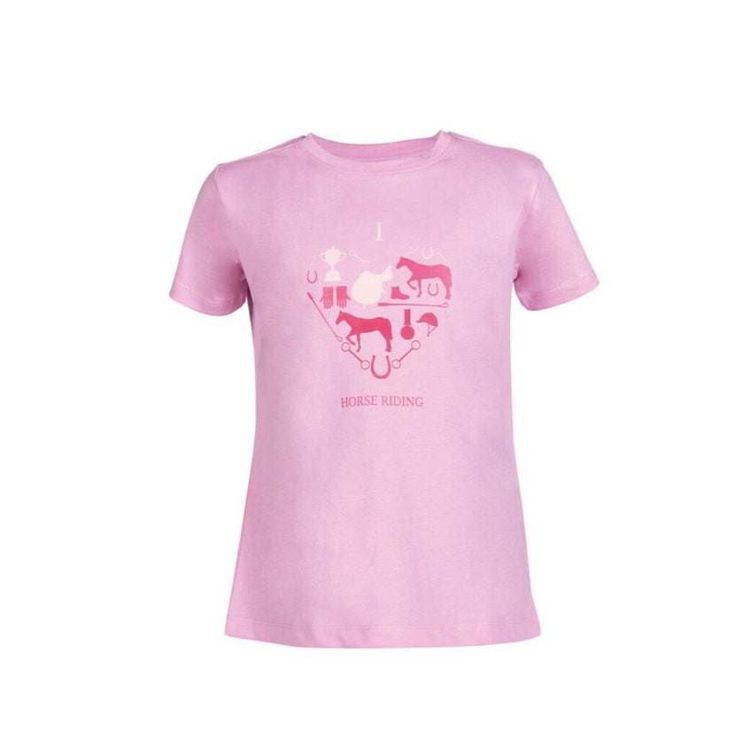 HKM Children's - pink I love horse riding - T-shirt with pink horses and equestrian objects.