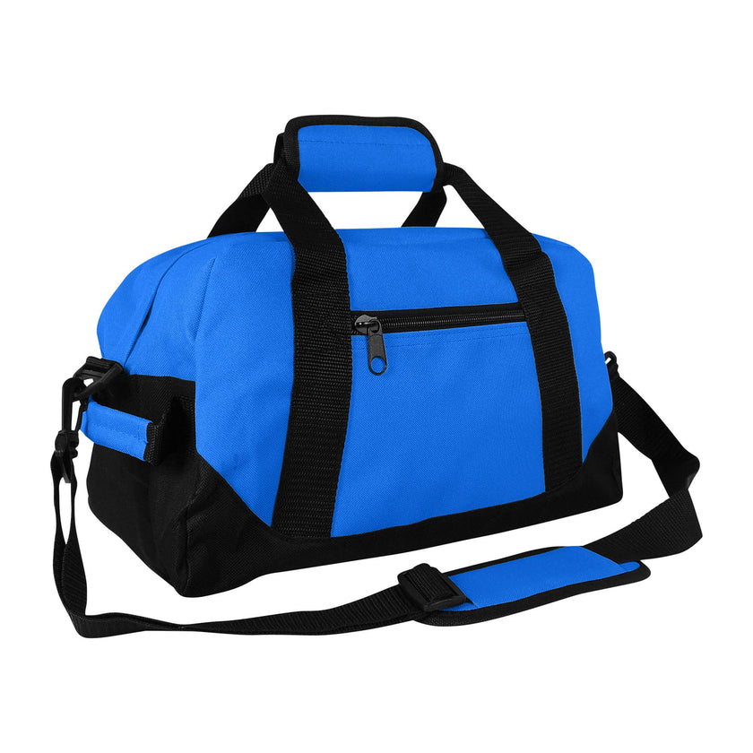 A blue 14-inch small duffle bag with two toned gray accents, featuring a black shoulder strap, handles, and a front zipper compartment.