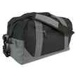A two-toned DALIX small duffle bag with a zippered main compartment, a front zipper pocket, a top handle, and side handles. The bag is primarily black with gray accents.