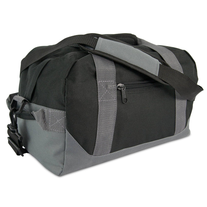 A two-toned DALIX small duffle bag with a zippered main compartment, a front zipper pocket, a top handle, and side handles. The bag is primarily black with gray accents.