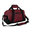 A maroon two-toned DALIX 14-inch small duffle bag with a zippered main compartment, a front zipper pocket, and multiple handles and a shoulder strap in black for carrying.