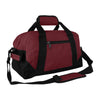 A maroon two-toned DALIX 14-inch small duffle bag with a zippered main compartment, a front zipper pocket, and multiple handles and a shoulder strap in black for carrying.