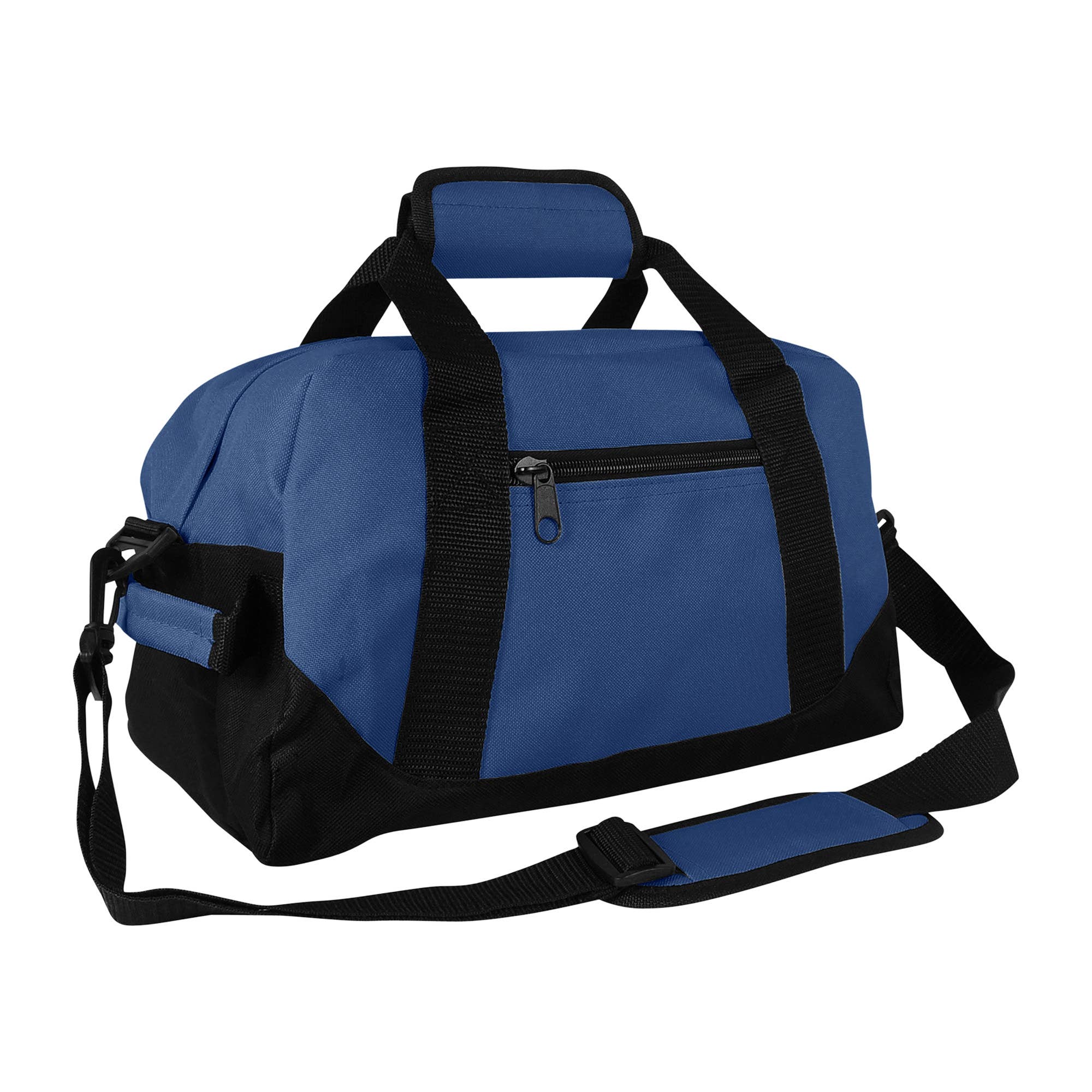 A two-toned blue and black DALIX 14 inch small duffle bag with a zippered main compartment, a front zipper pocket, and multiple carrying handles and a shoulder strap.