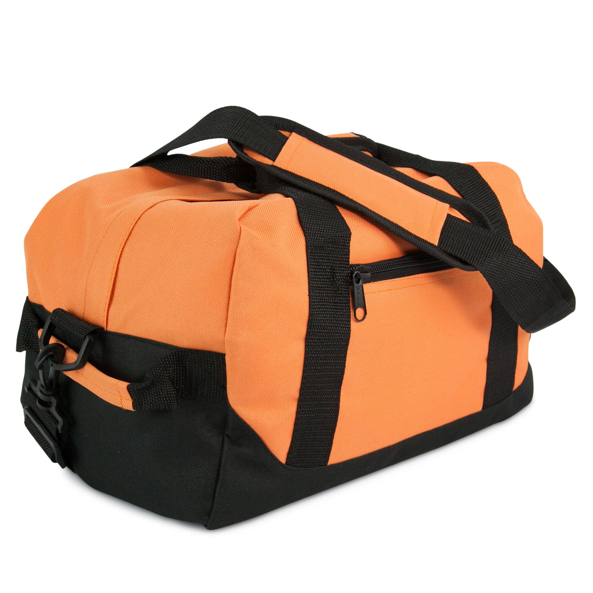 A small two-toned gym travel duffle bag with black handles and a shoulder strap, zippered compartments, and a front zipper pocket.