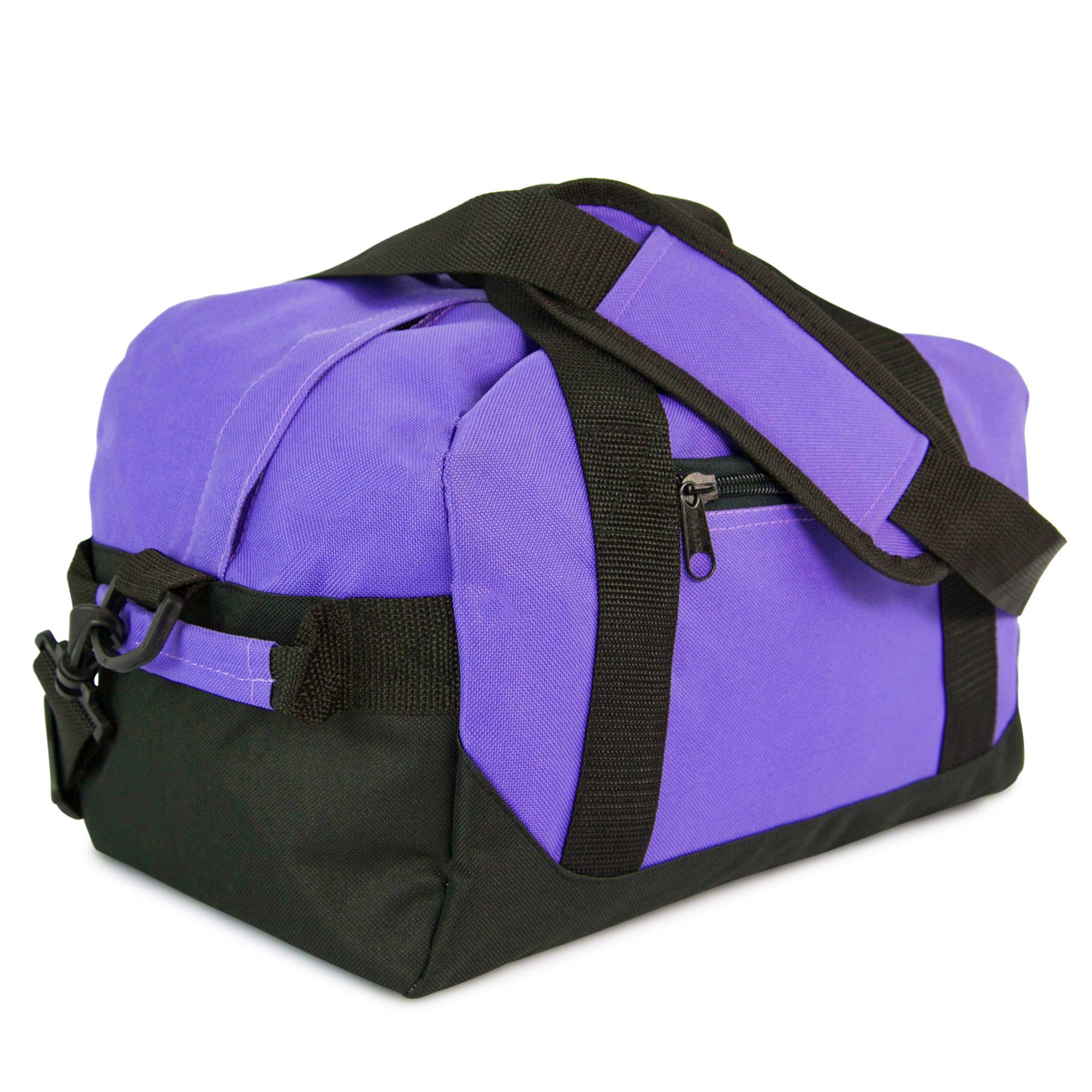 A small duffle bag with two toned design, featuring a black base and purple details, with a shoulder strap, handles, and a front zipper compartment.