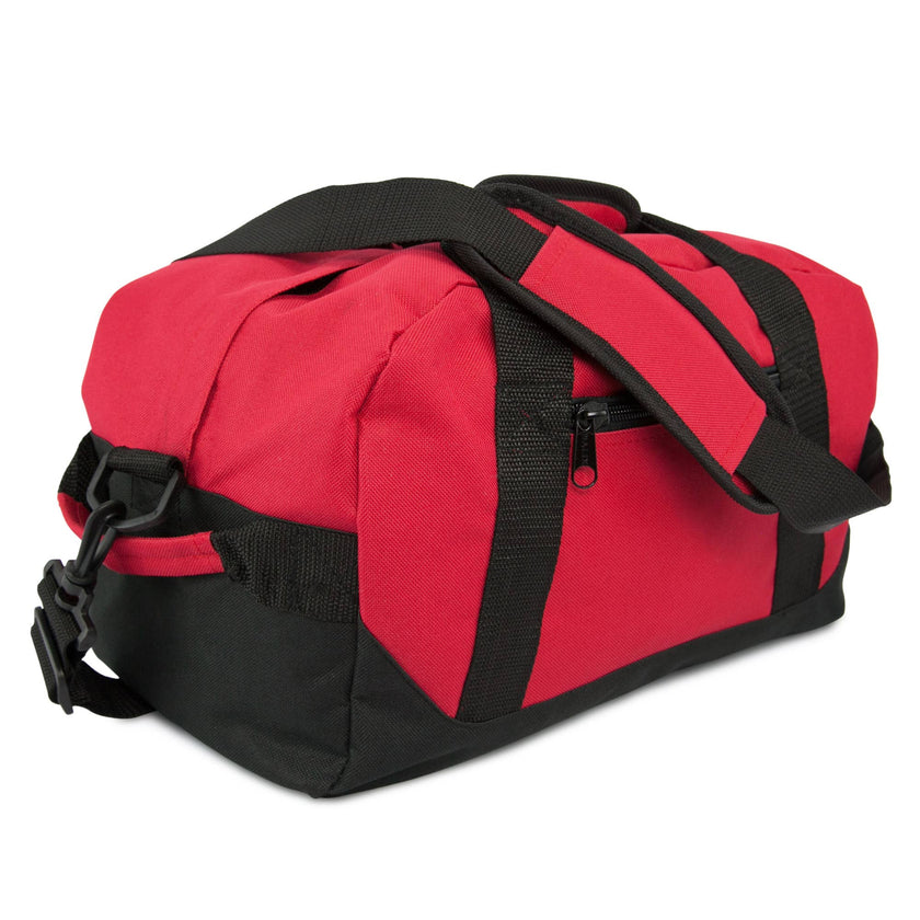 A red and black DALIX 14 inch small duffle bag with two handles and a shoulder strap.