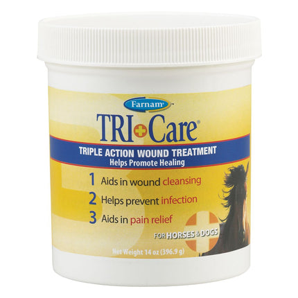 Tri-Care triple action wound treatment jar for horses and dogs in a 14 ounce jar