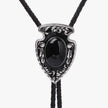 Black and silver bolo tie on a white background