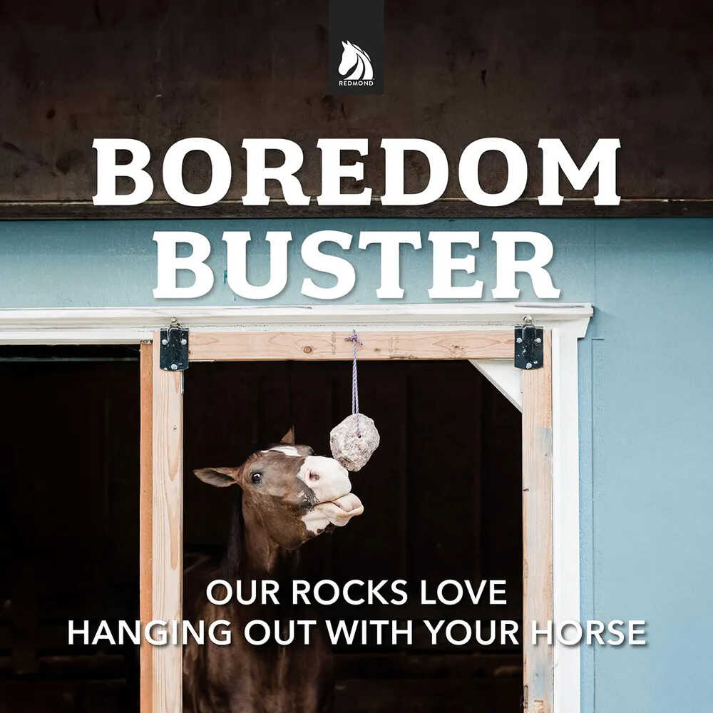Redmond Rock® - Mined Horse Salt Lick shown as example hanging in a barn door and a horse licking as a boredom buster 