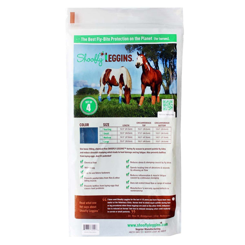 shoofly leggin packaging example showing horses with leggins and product details and sizing.