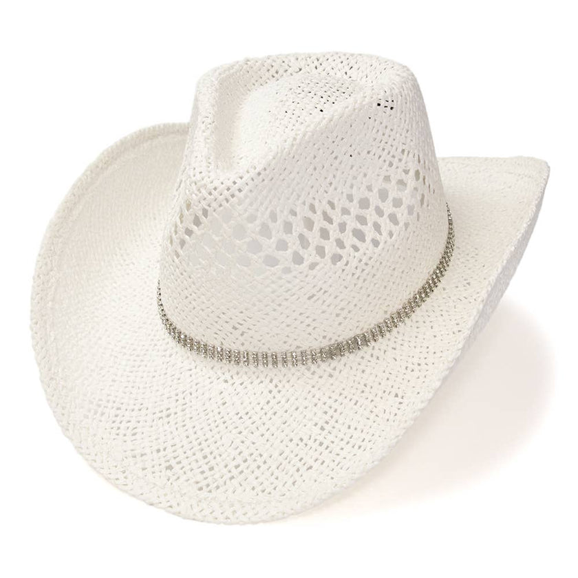 WE White Straw Western Hat w/ Rhinestone Band