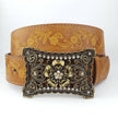 Axesoria West - Vintage Brass flower Buckle with matched floral tooled belt