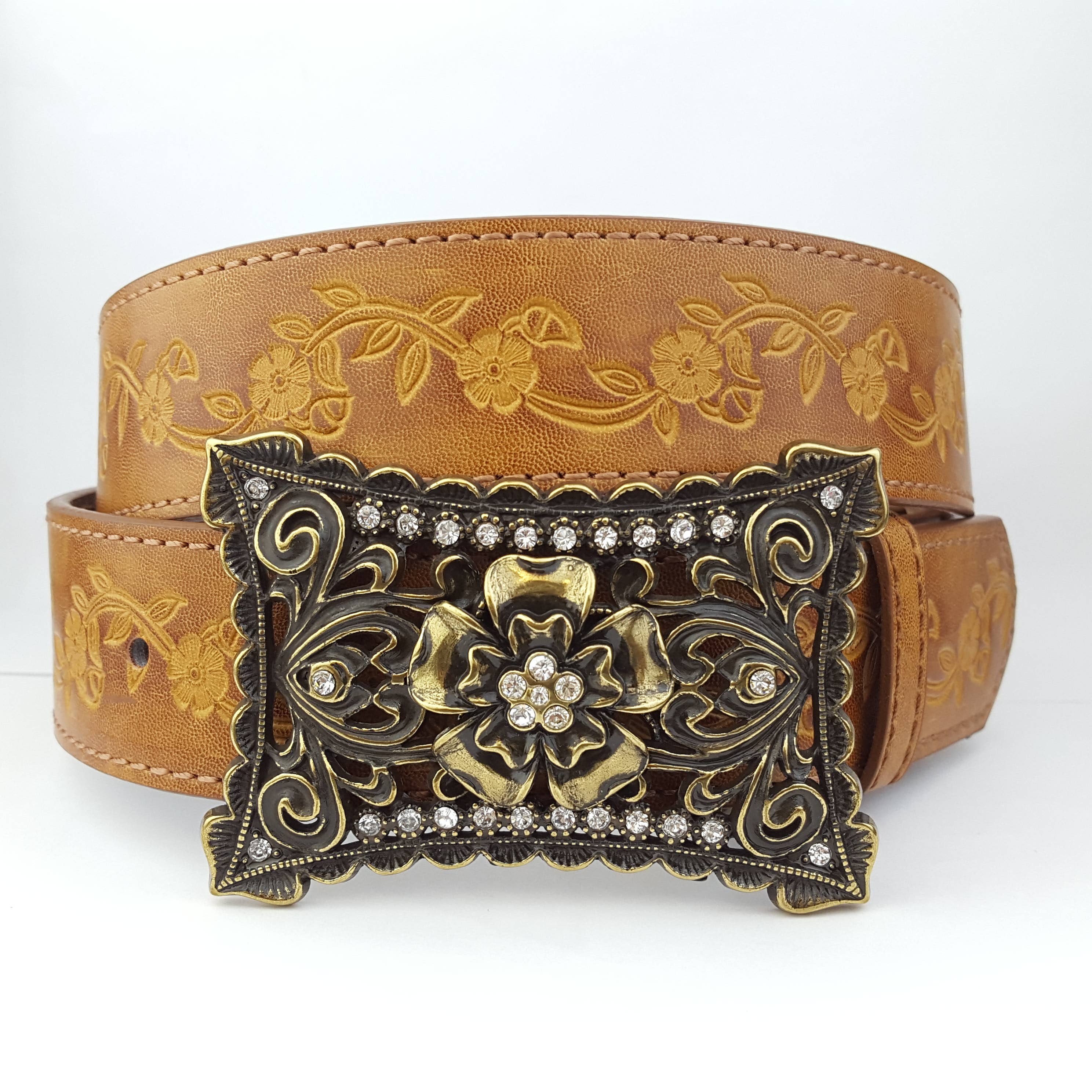 Axesoria West - Vintage Brass flower Buckle with matched floral tooled belt