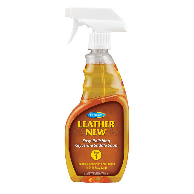 A 16 ounce bottle of Farnam Leather New Glycerine Saddle Soap with a spray nozzle. The label is orange and white with text and branding.