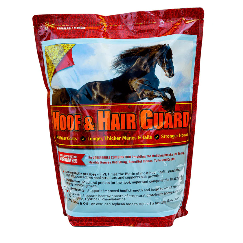 A red bag of Horse Guard Hoof & Hair Guard Powder with an image of a black horse on the front.